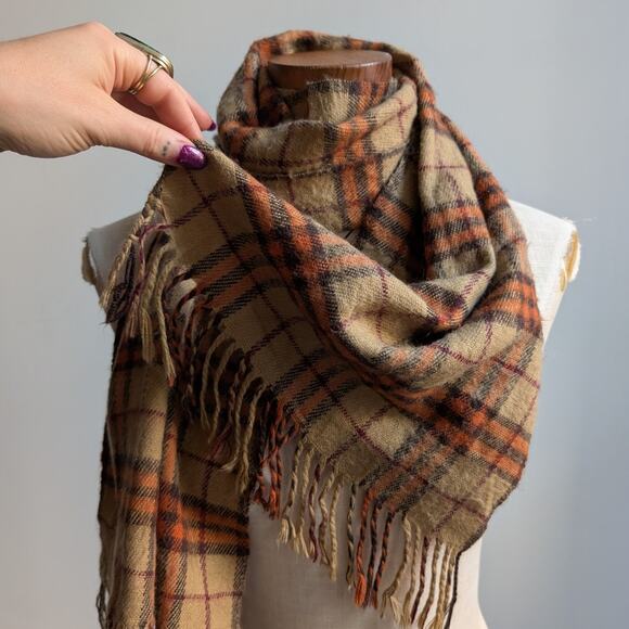 Vintage Orange Plaid Grunge Scarf Cashmere Western 70s Fringe Grunge Knit Wrap - Picture 3 of 6